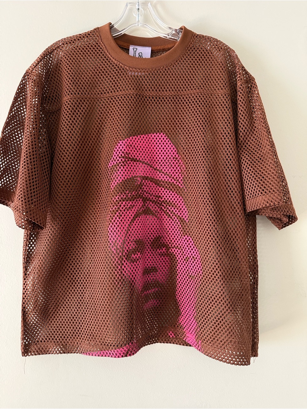 Unisex Brown Mesh Tee with Pink Graphic Face of Erykah Badu front & back